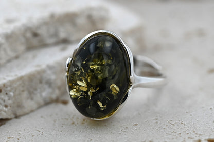 Pierścionek Bursztynowa Harmonia, Zielony, Srebro 925