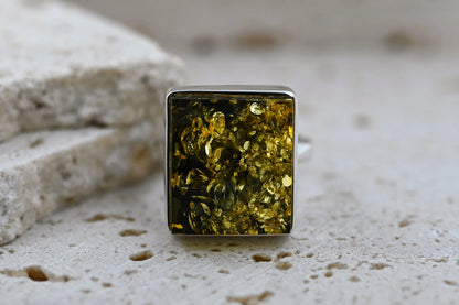 Square Ring Amber, Green, Silver 925