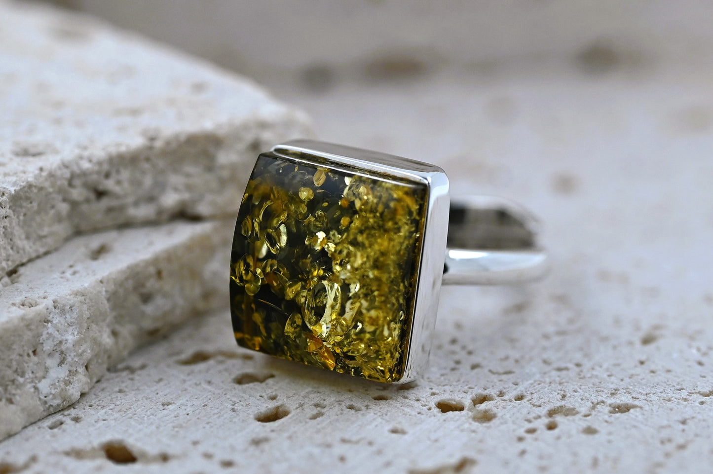 Square Ring Amber, Green, Silver 925