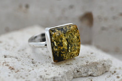 Square Ring Amber, Green, Silver 925