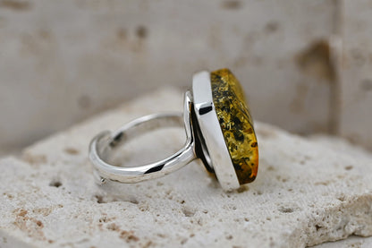 Square Ring Amber, Green, Silver 925