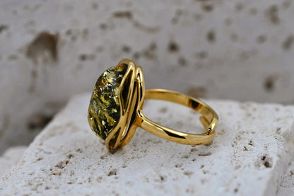 Amber Wave Ring, Green, Gold Plated Silver