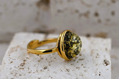 Amber Aura Ring, Green, Gold Plated Silver