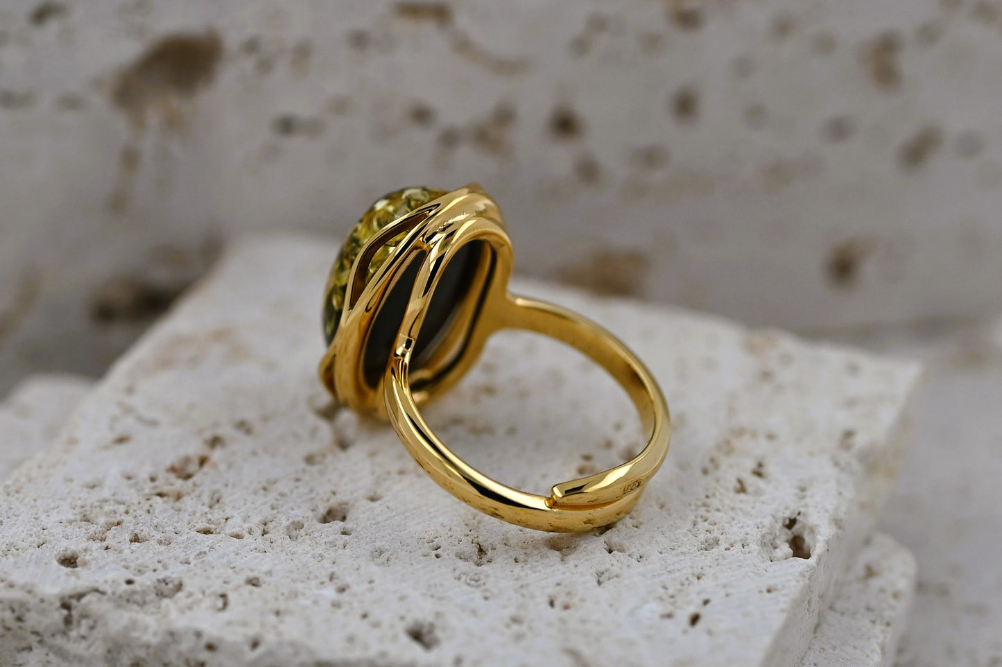 Amber Wave Ring, Green, Gold Plated Silver