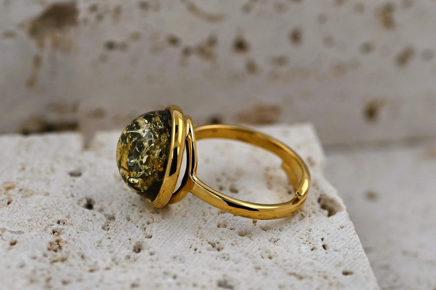 Amber Aura Ring, Green, Gold Plated Silver