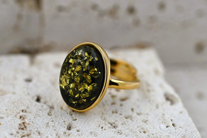 Classic Amber Ring, Green, Gold-plated Silver