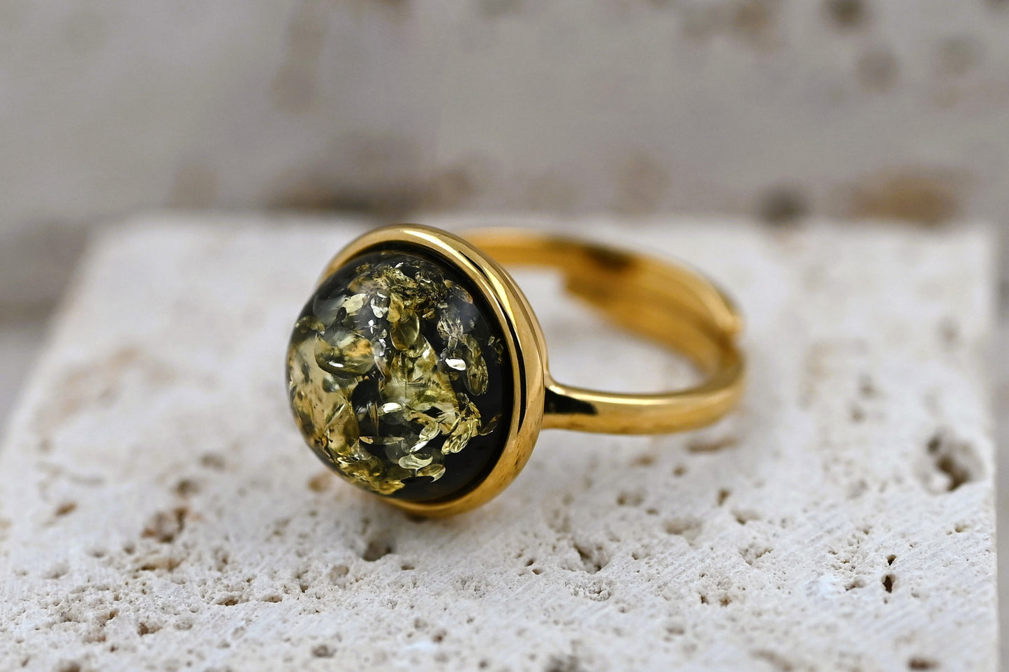 Amber Aura Ring, Green, Gold Plated Silver