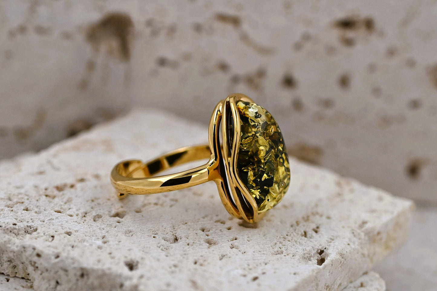 Amber Wave Ring, Green, Gold Plated Silver