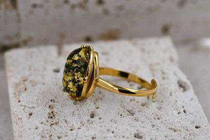 Amber Glow Ring, Green, Gold-plated Silver