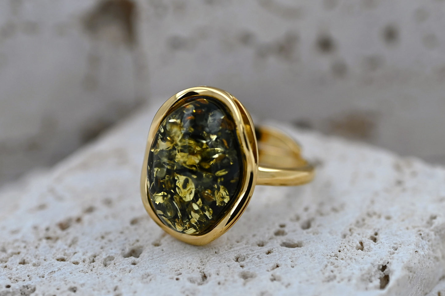 Amber Wave Ring, Green, Gold Plated Silver