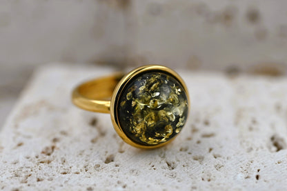 Amber Aura Ring, Green, Gold Plated Silver