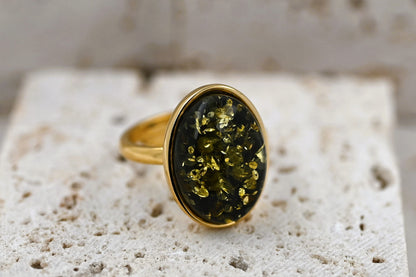 Classic Amber Ring, Green, Gold-plated Silver