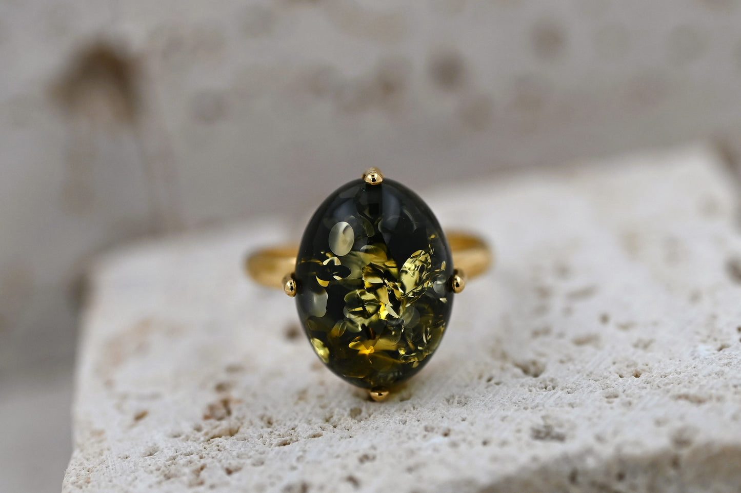 Amber Glow Ring, Green, Gold-plated Silver