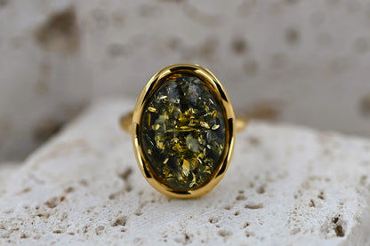 Amber Wave Ring, Green, Gold Plated Silver