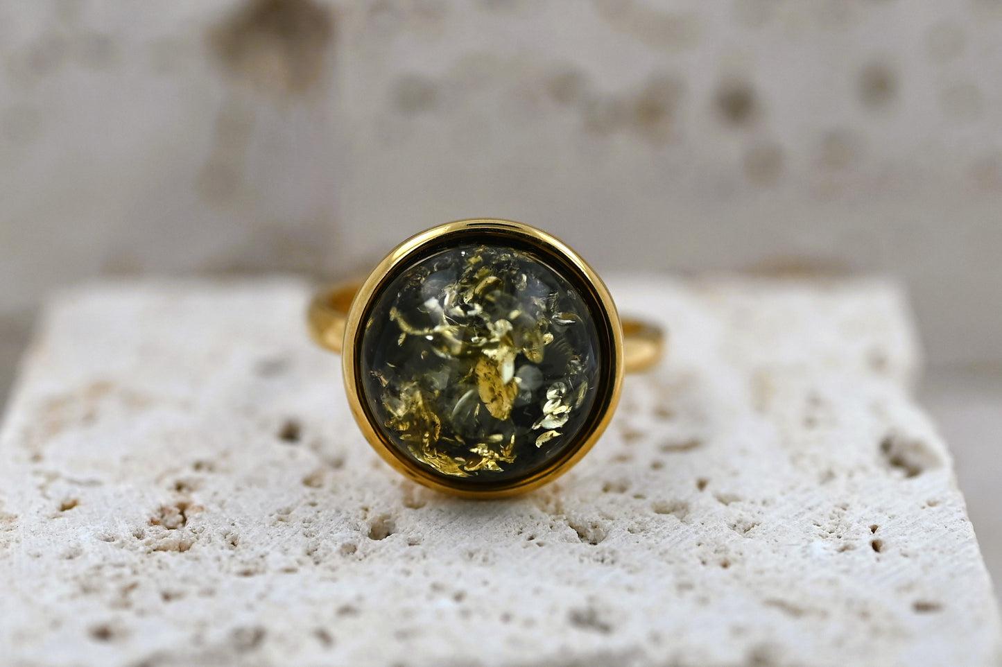 Amber Aura Ring, Green, Gold Plated Silver