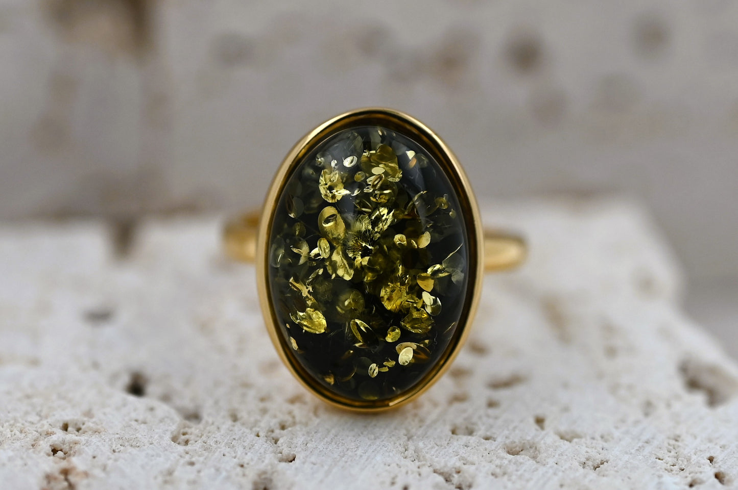 Classic Amber Ring, Green, Gold-plated Silver