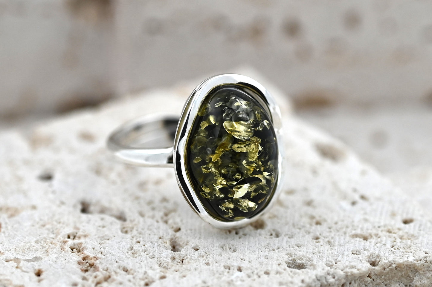 Amber Wave Ring, Green, Silver 925