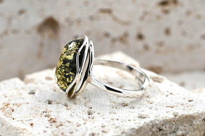 Amber Wave Ring, Green, Silver 925