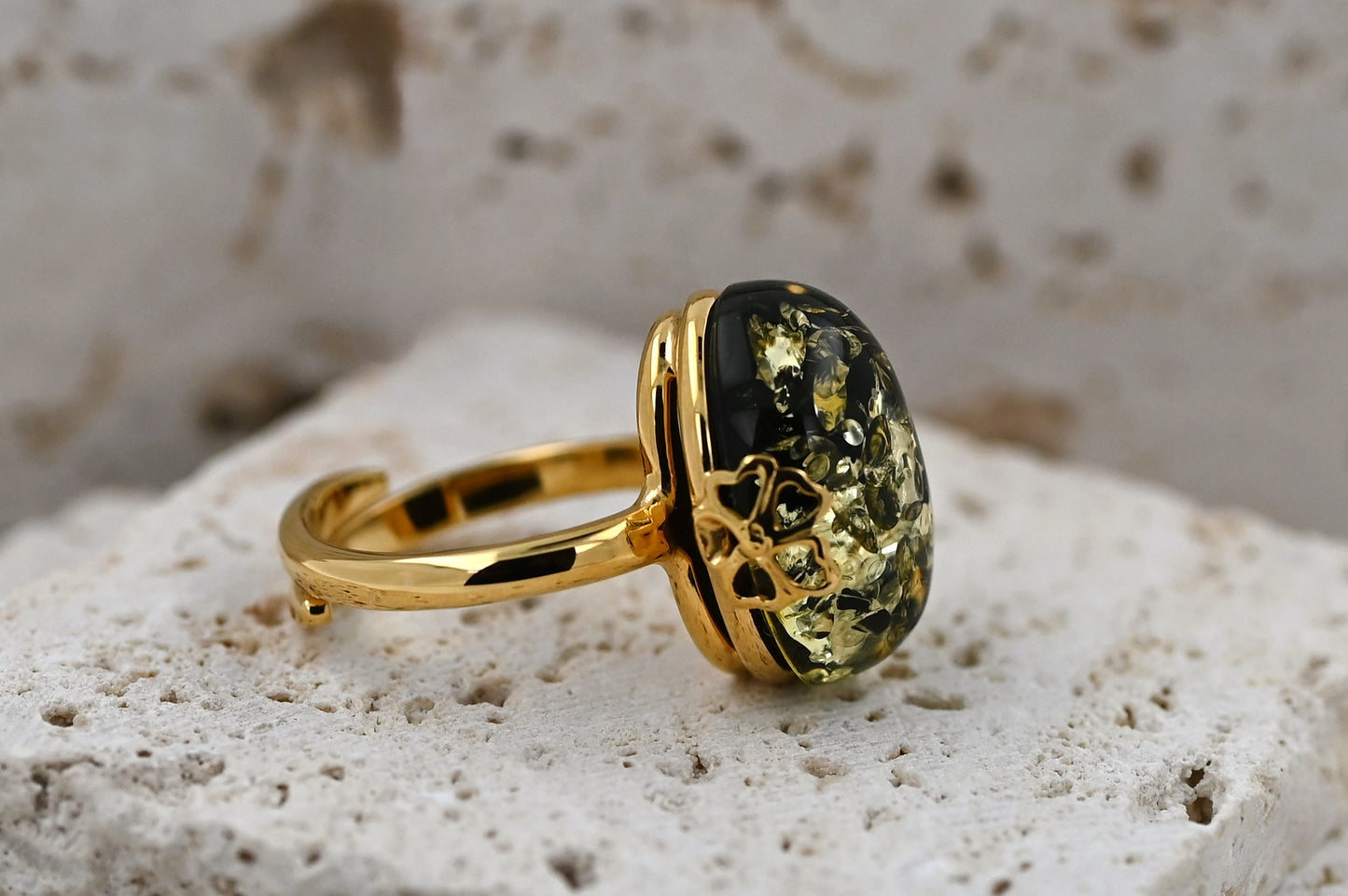 Amber Flower Ring, Green, Gold Plated Silver