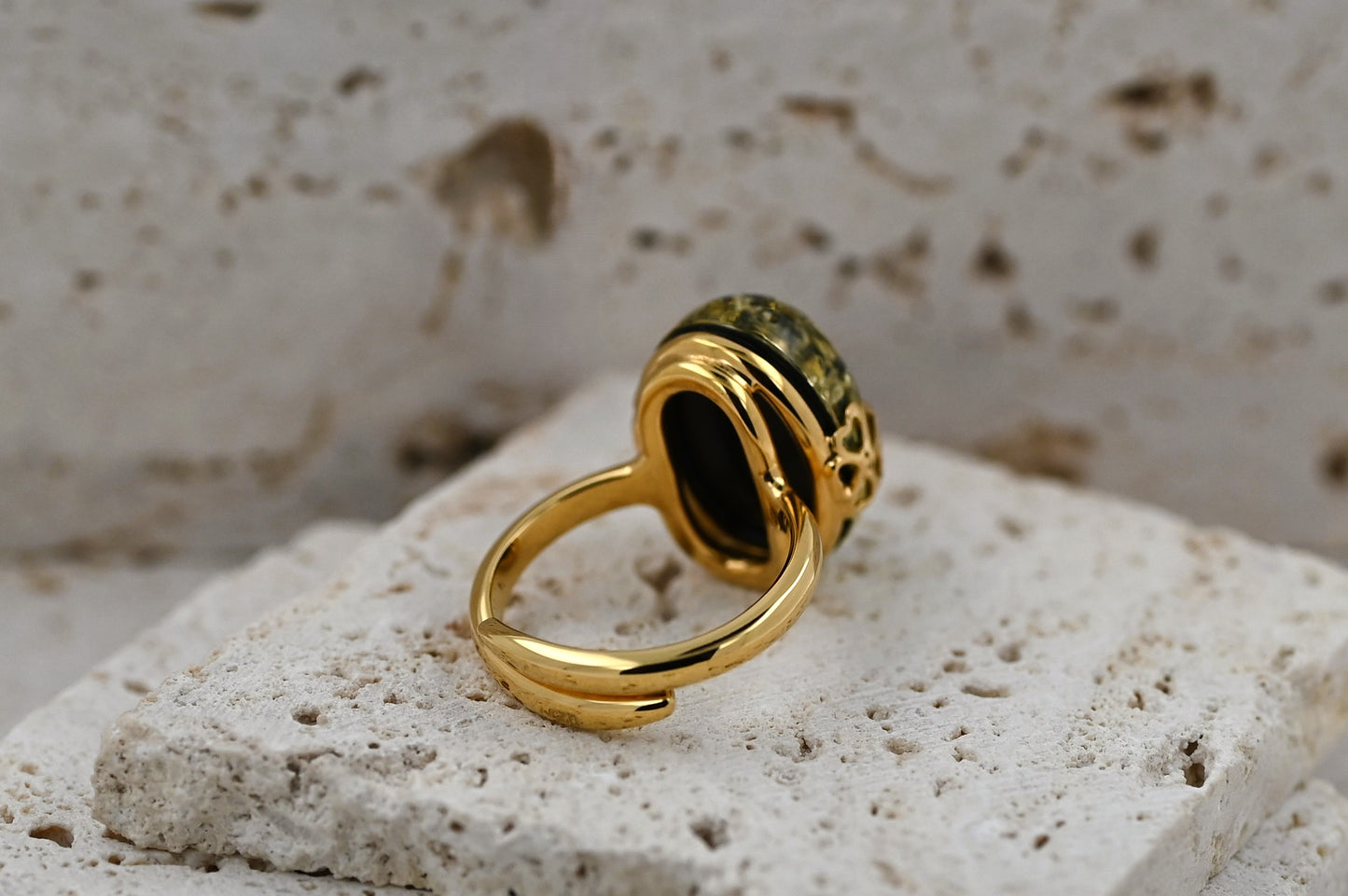 Amber Flower Ring, Green, Gold Plated Silver