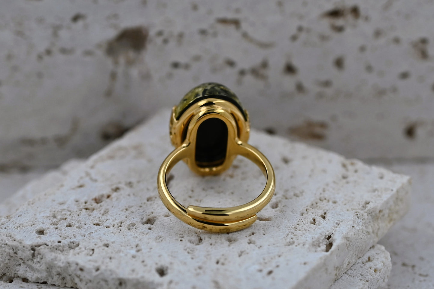 Amber Flower Ring, Green, Gold Plated Silver