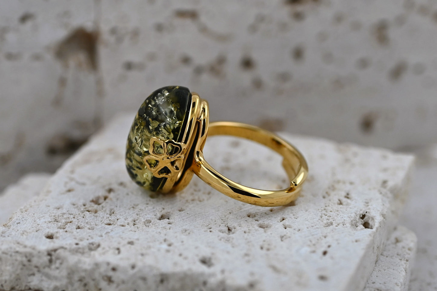 Amber Flower Ring, Green, Gold Plated Silver