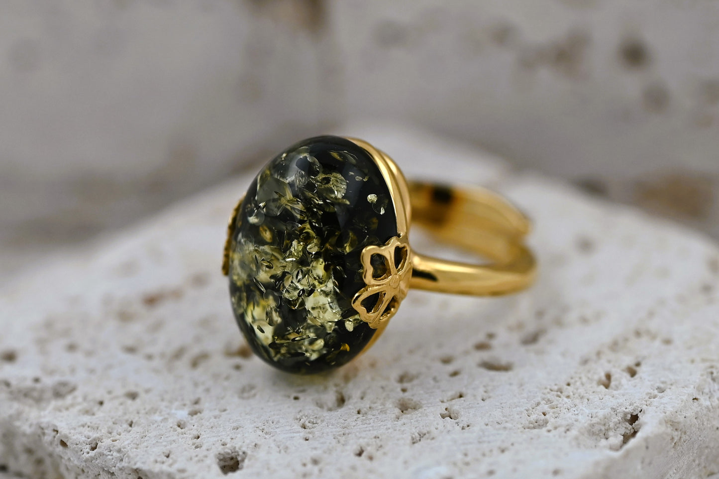 Amber Flower Ring, Green, Gold Plated Silver