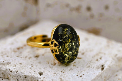 Amber Flower Ring, Green, Gold Plated Silver