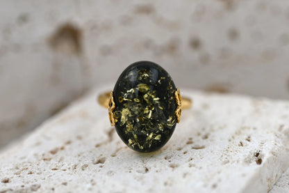 Amber Flower Ring, Green, Gold Plated Silver