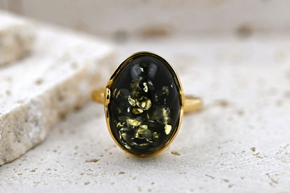 Amber Harmony Ring, Green, Gold-plated Silver