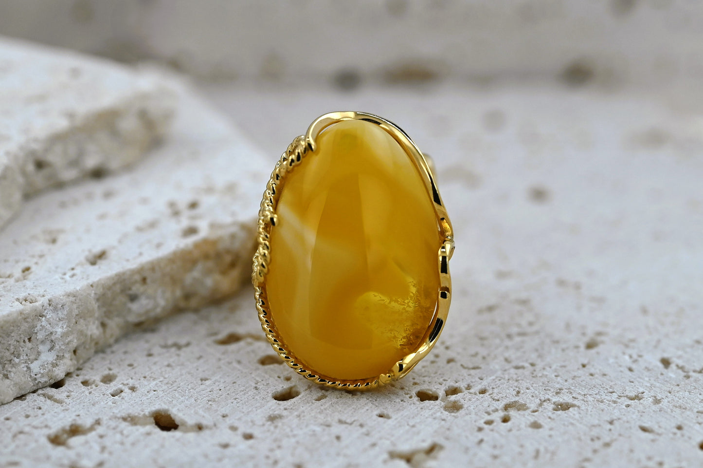 Luxury Baltic Amber Ring, Yellow, Milky, Gold-plated Silver, Unique