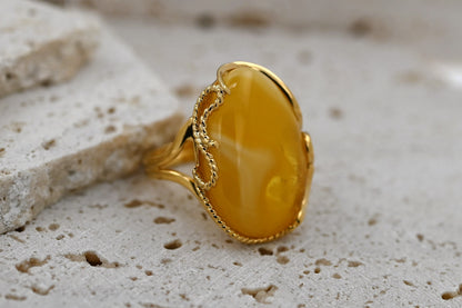 Luxury Baltic Amber Ring, Yellow, Milky, Gold-plated Silver, Unique