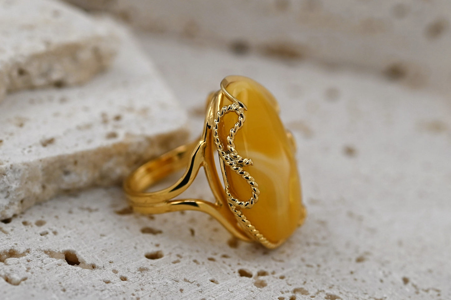 Luxury Baltic Amber Ring, Yellow, Milky, Gold-plated Silver, Unique