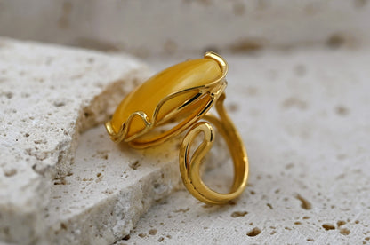 Luxury Baltic Amber Ring, Yellow, Milky, Gold-plated Silver, Unique