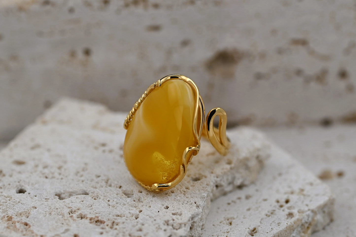 Luxury Baltic Amber Ring, Yellow, Milky, Gold-plated Silver, Unique