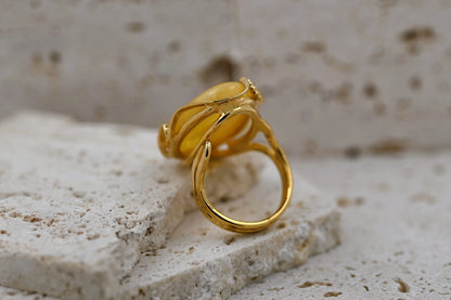 Luxury Baltic Amber Ring, Yellow, Milky, Gold-plated Silver, Unique