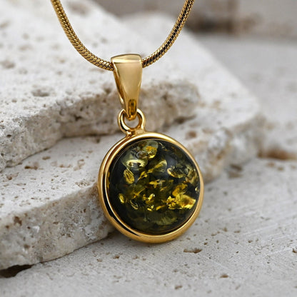 Amber Aura Pendant, Green, Gold Plated Silver 925