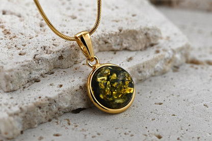 Amber Aura Pendant, Green, Gold Plated Silver 925