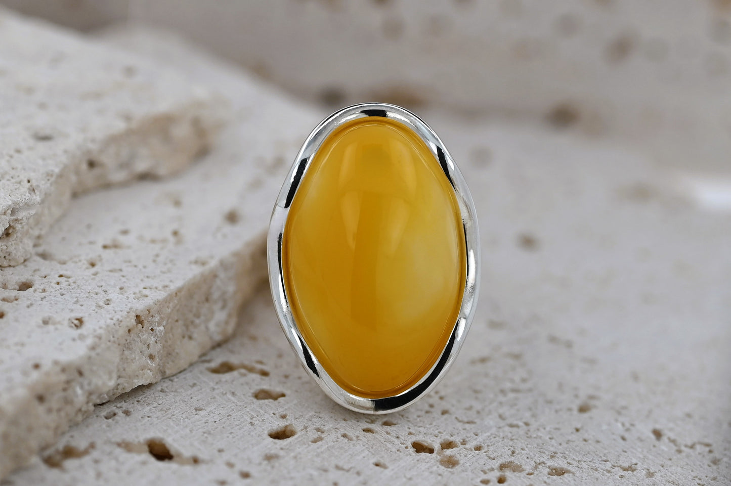 Large Amber Wave Ring, Yellow, Silver 925, Unique