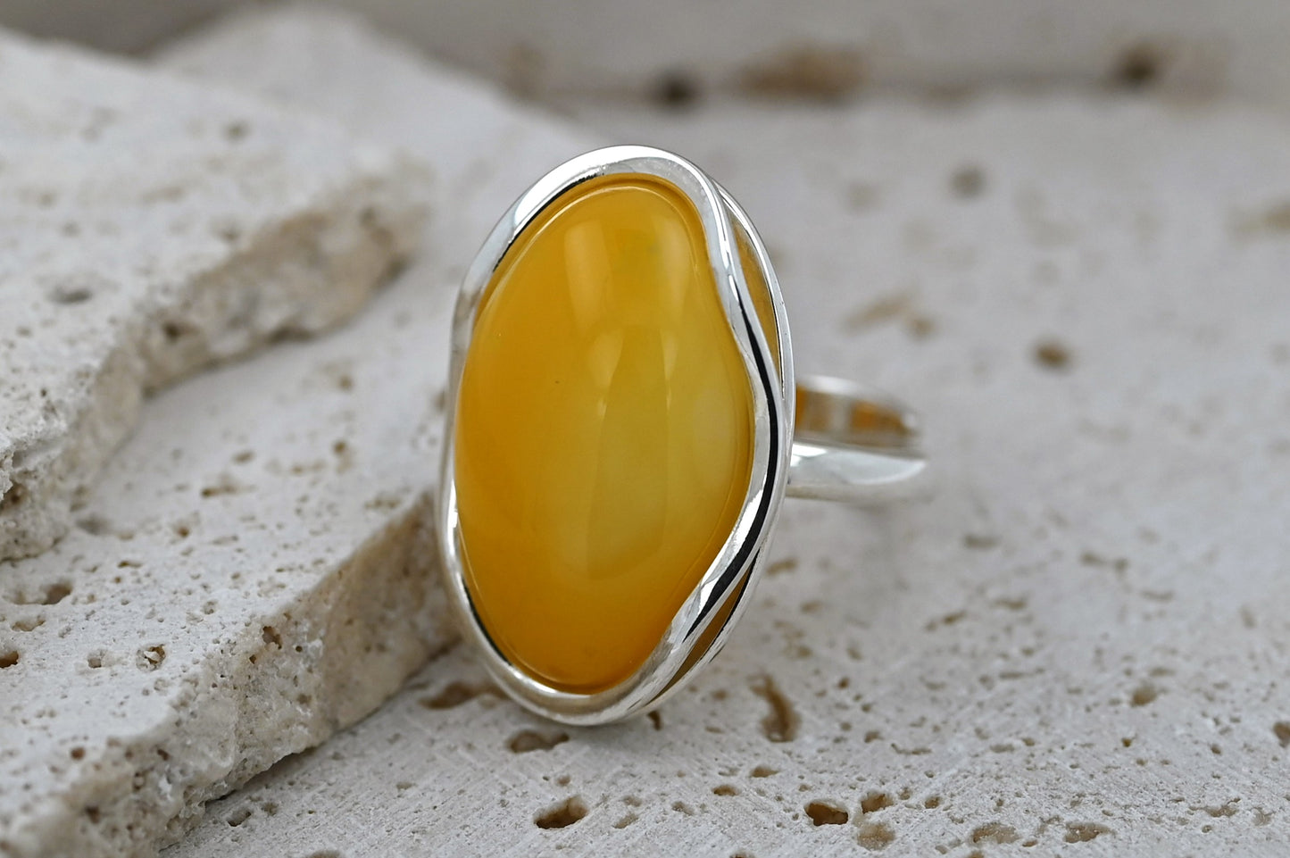 Large Amber Wave Ring, Yellow, Silver 925, Unique