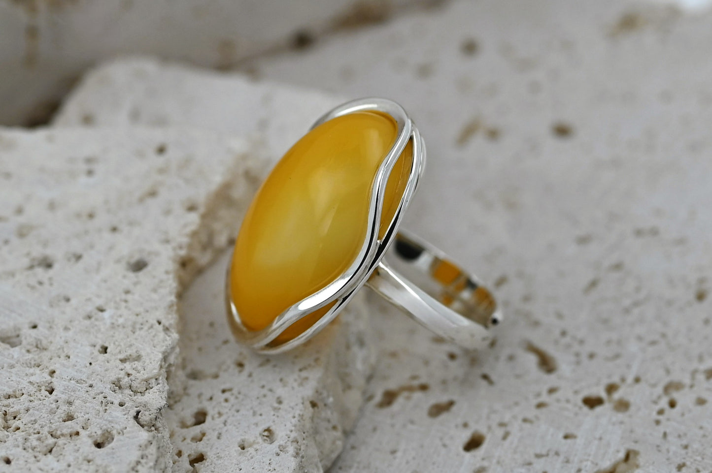 Large Amber Wave Ring, Yellow, Silver 925, Unique