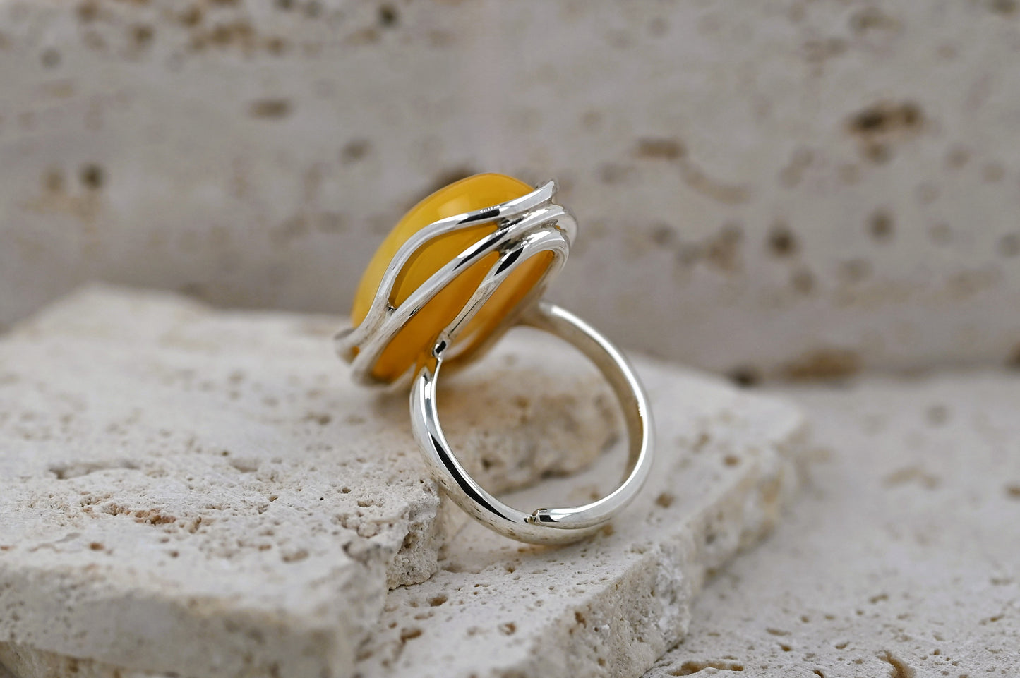 Large Amber Wave Ring, Yellow, Silver 925, Unique