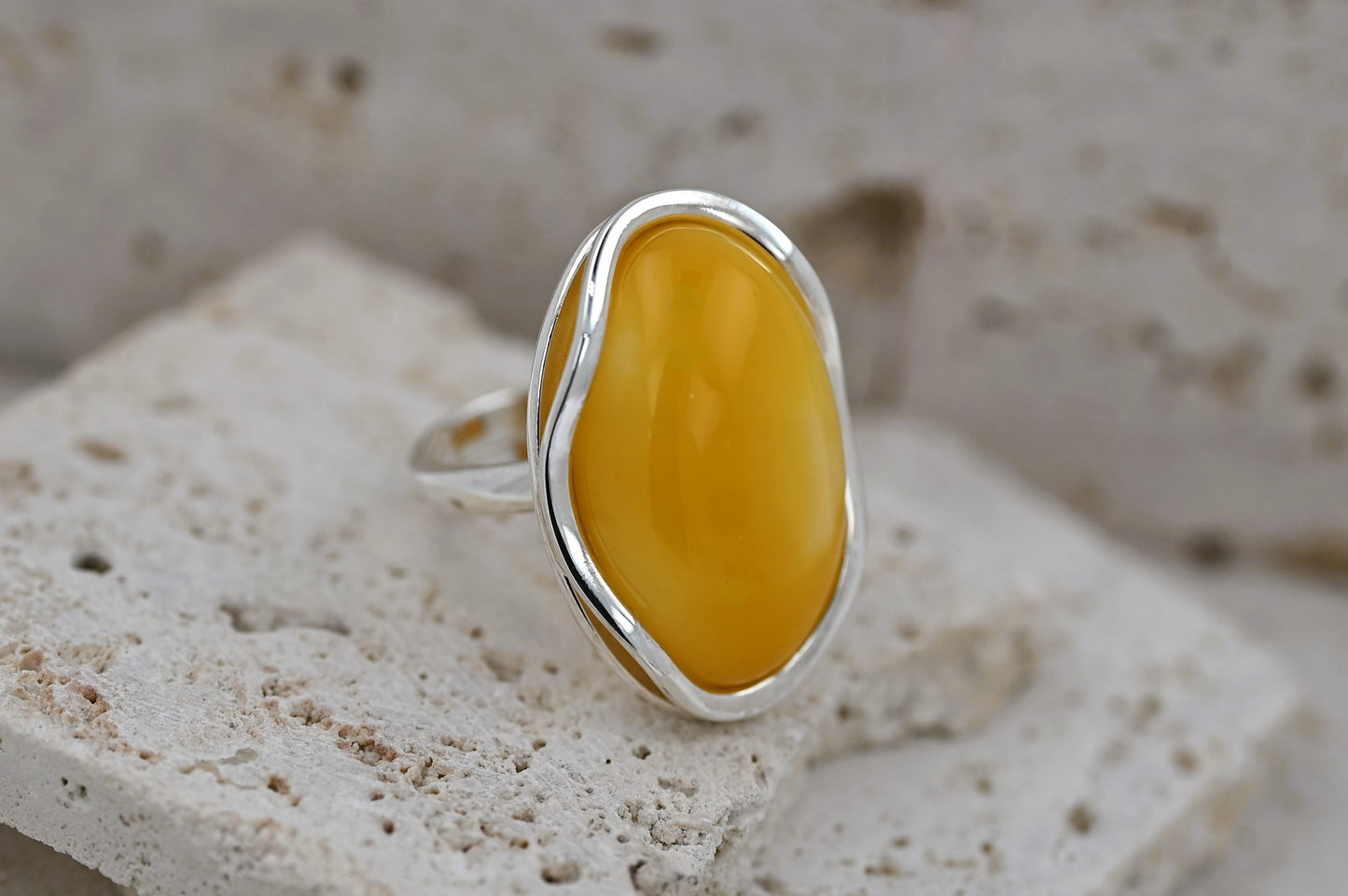 Large Amber Wave Ring, Yellow, Silver 925, Unique