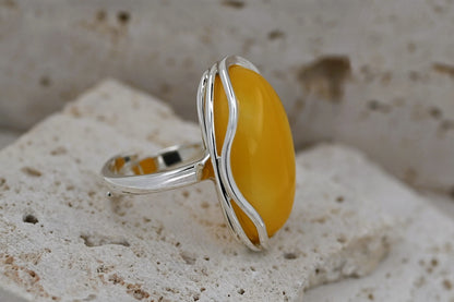 Large Amber Wave Ring, Yellow, Silver 925, Unique